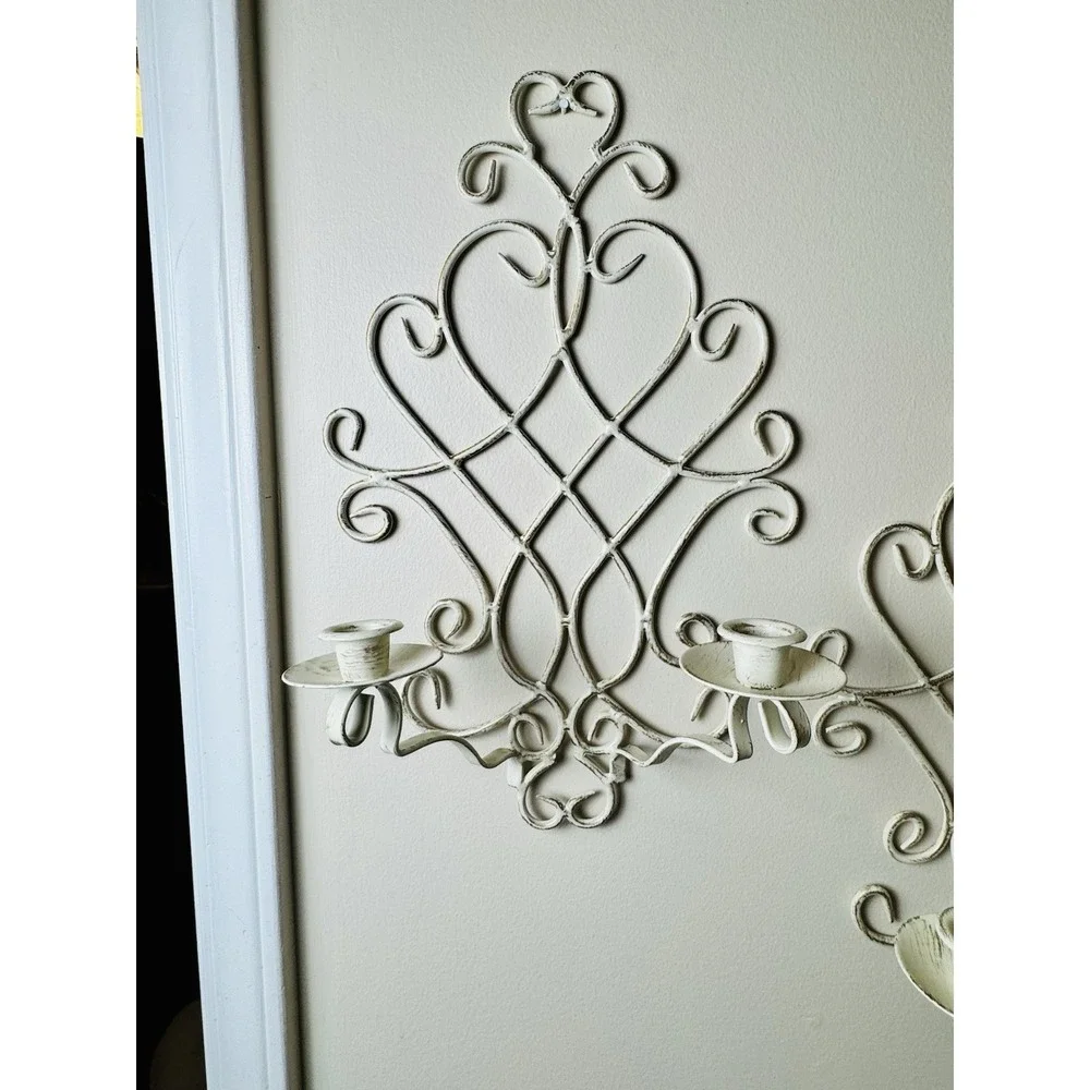 Vintage French Country Distressed Metal Wall Sconce Candle Holder Pair Cream 16